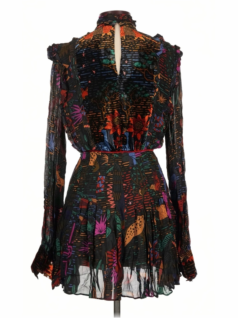 FARM RIO Ruffle Mock Neck Velvet Sleeve Leopard Floral Mini Dress Small NWT - Picture 2 of 7